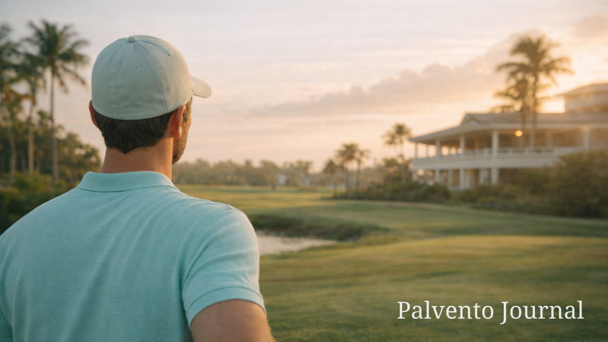 Golfer in a teal polo looking across a coastal golf course at sunset