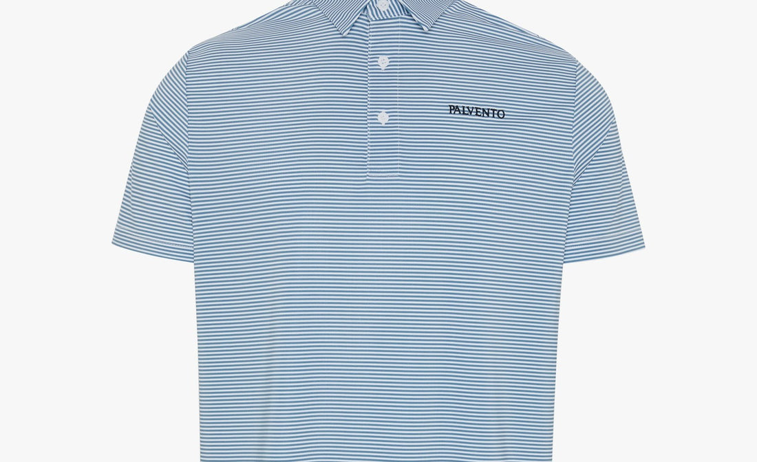 The Marlow blue and white striped performance golf polo by Palvento