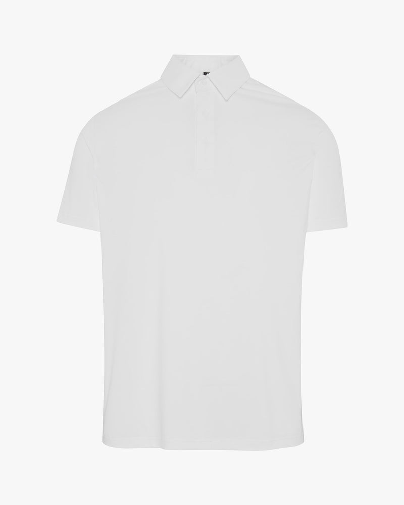The Waverley white performance golf polo by Palvento, front view