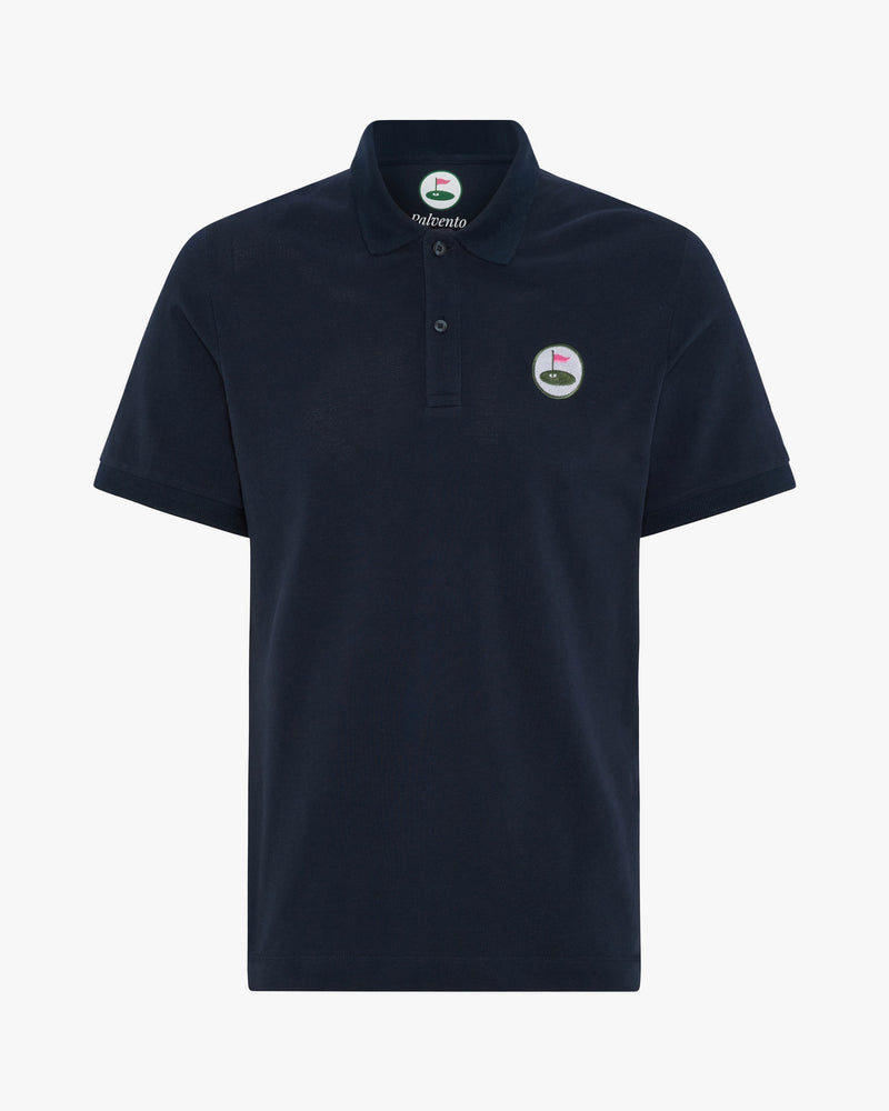Palvento Belmont men's organic piqué golf polo in navy, front view