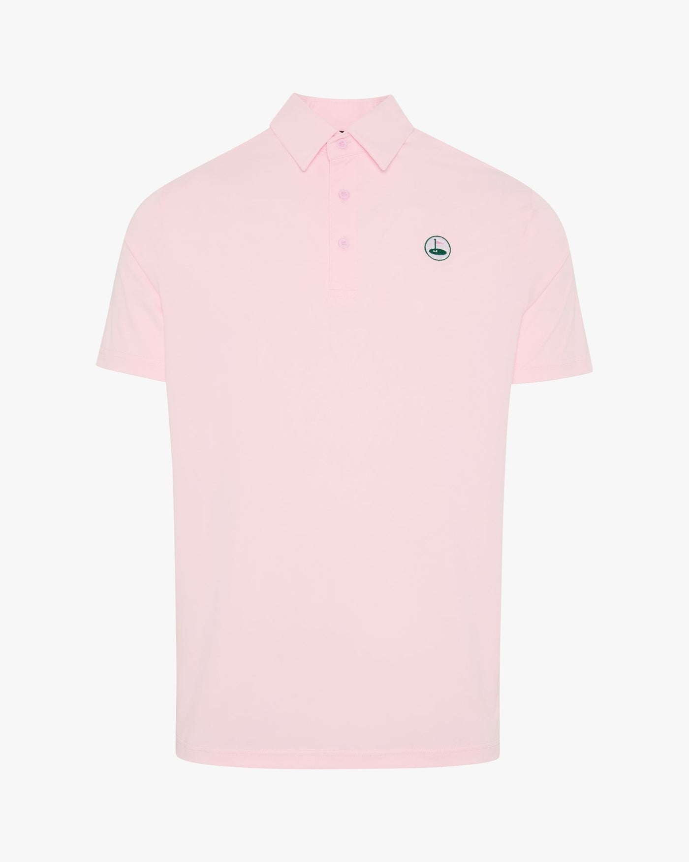 The Brancaster pink performance golf polo by Palvento, front view