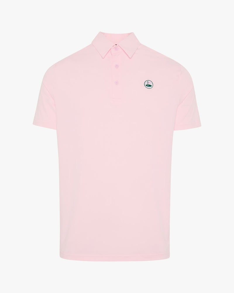 The Brancaster pink performance golf polo by Palvento, front view