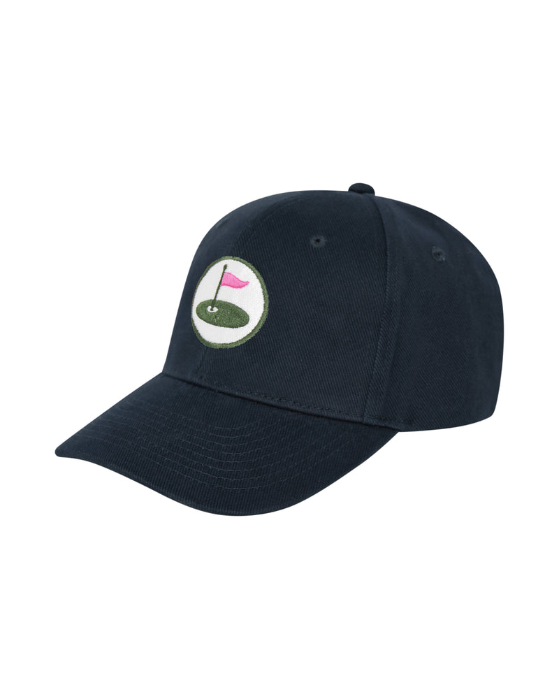 Palvento navy golf cap with embroidered roundel, angled front view