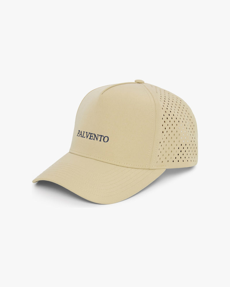 The Dunlin khaki performance golf cap by Palvento, angled view
