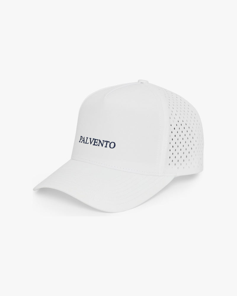The Dunlin white performance golf cap by Palvento, angled view