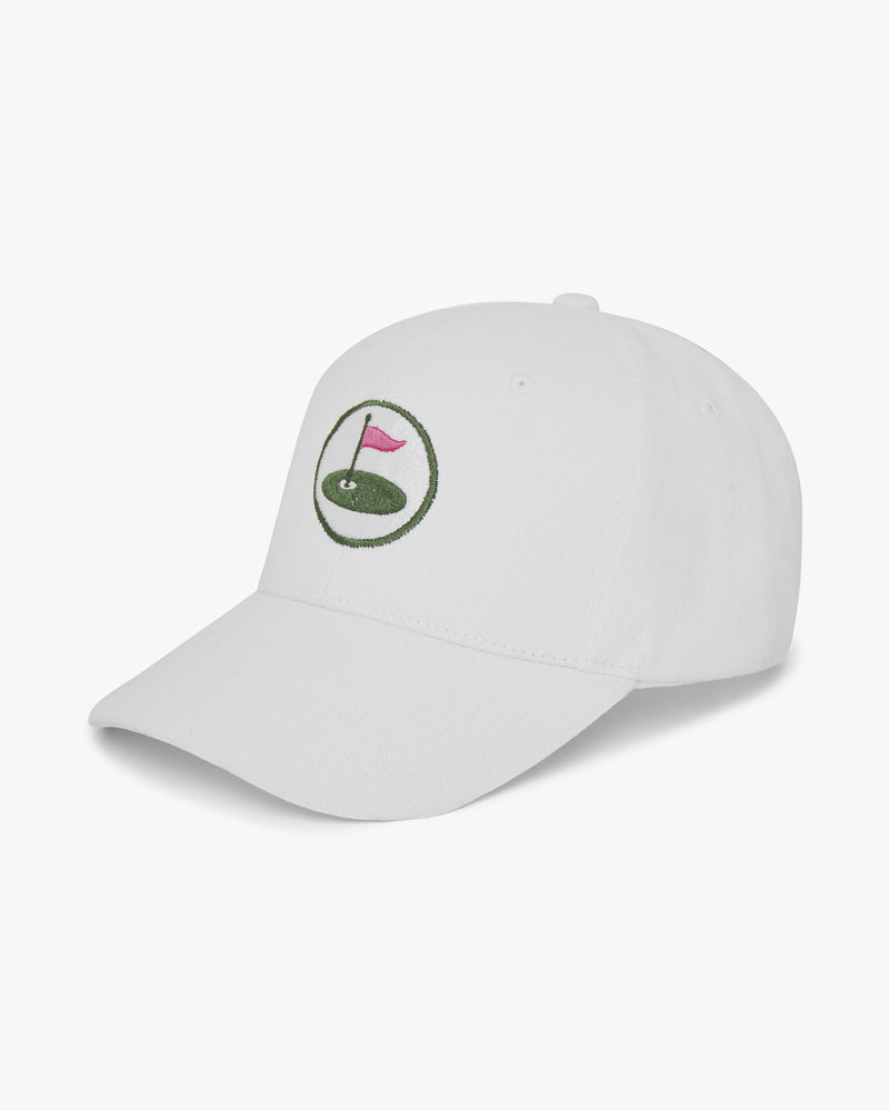Palvento white golf cap with embroidered roundel, angled front view