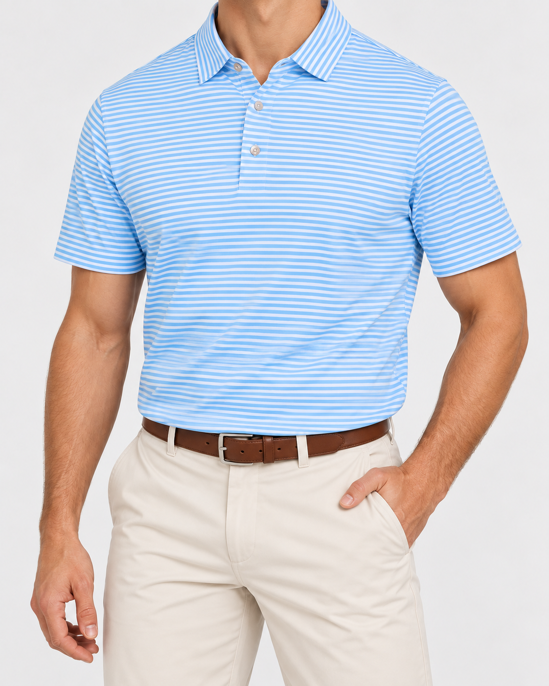 Palvento Aldwick blue and white striped golf polo worn with off-white chinos and a dark tan belt.