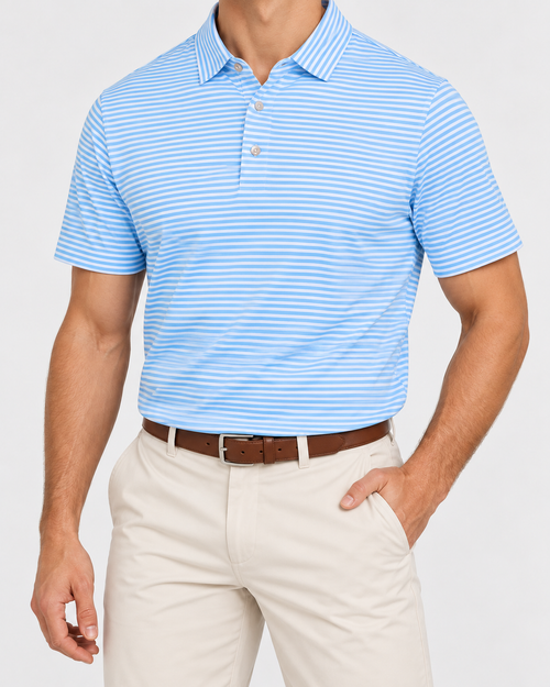 Palvento Aldwick blue and white striped golf polo worn with off-white chinos and a dark tan belt.