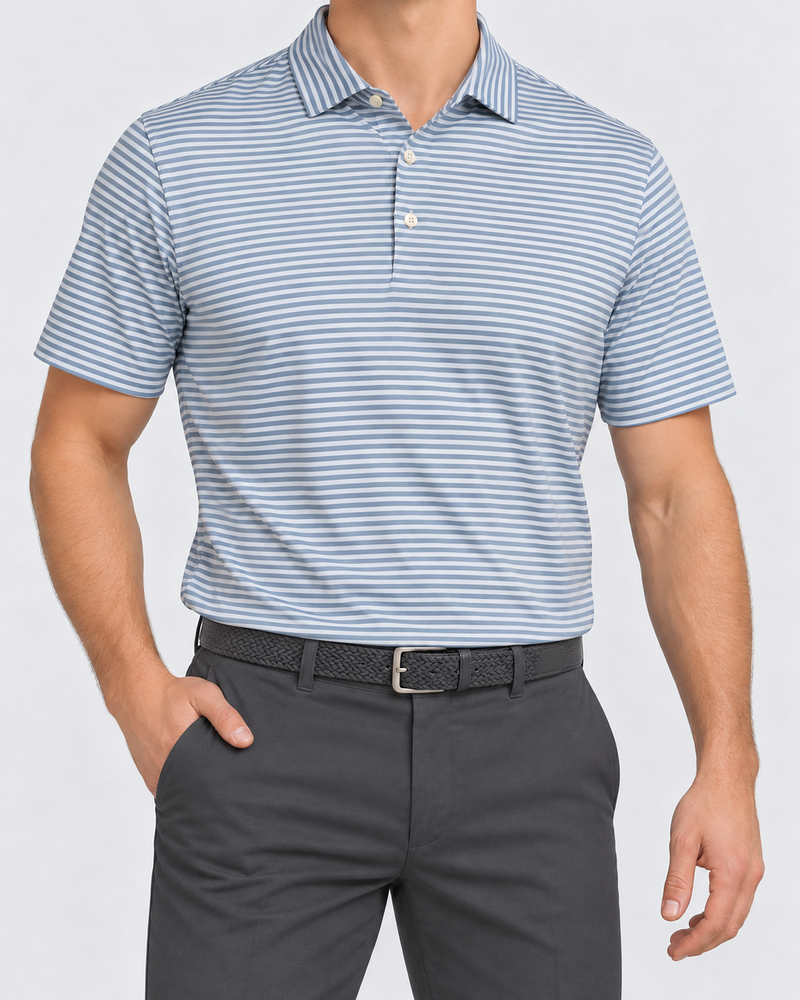 Front view of the grey striped Langford polo with embroidered Palvento roundel, charcoal chinos and woven belt.