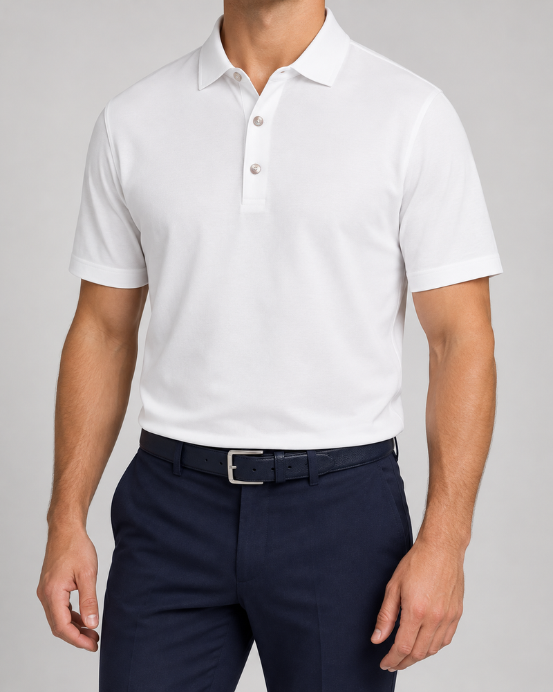 Palvento Kingsley white golf polo on a model, with an open collar and navy trousers.