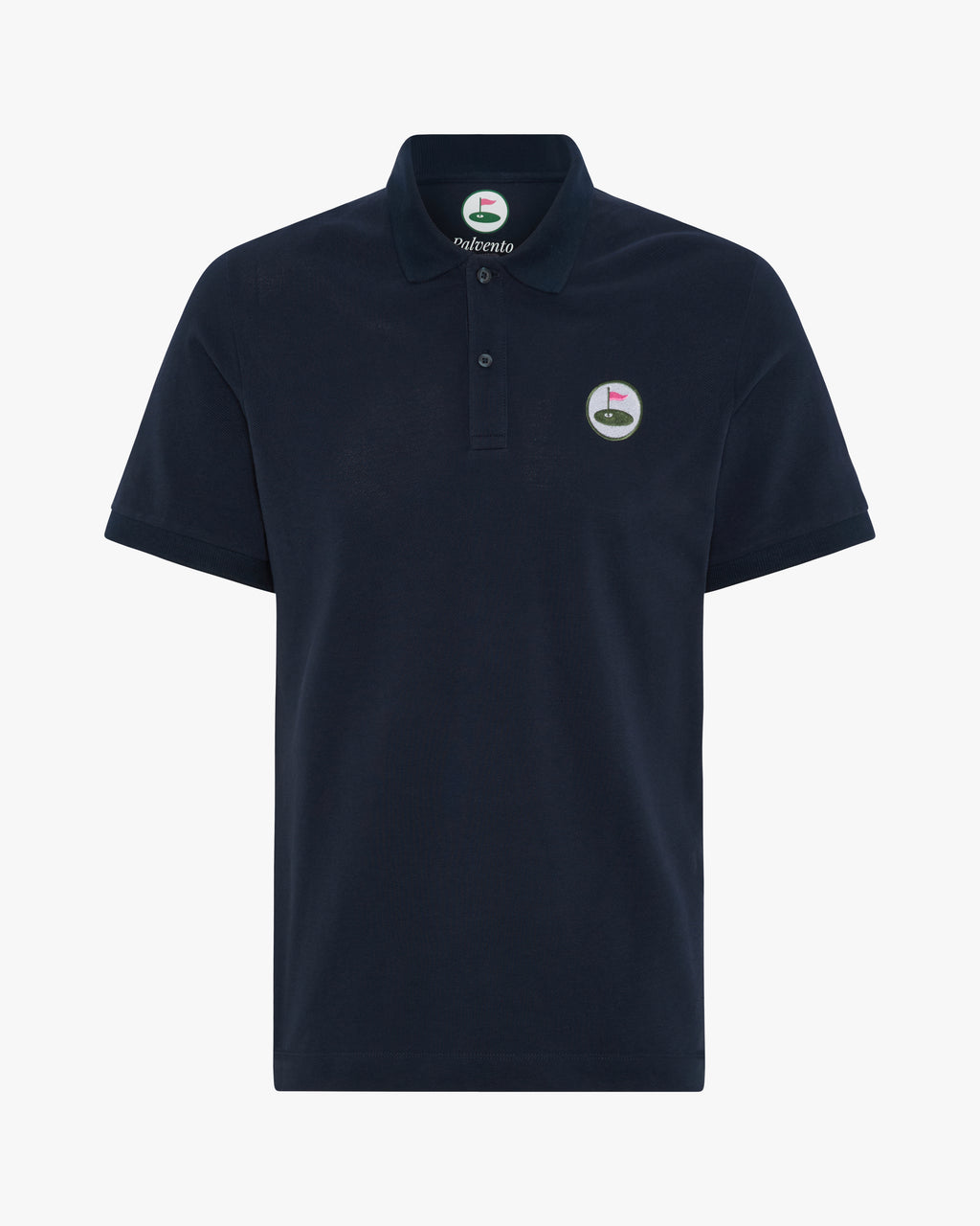 Navy blue polo shirt with Palvento Golf logo on a white background