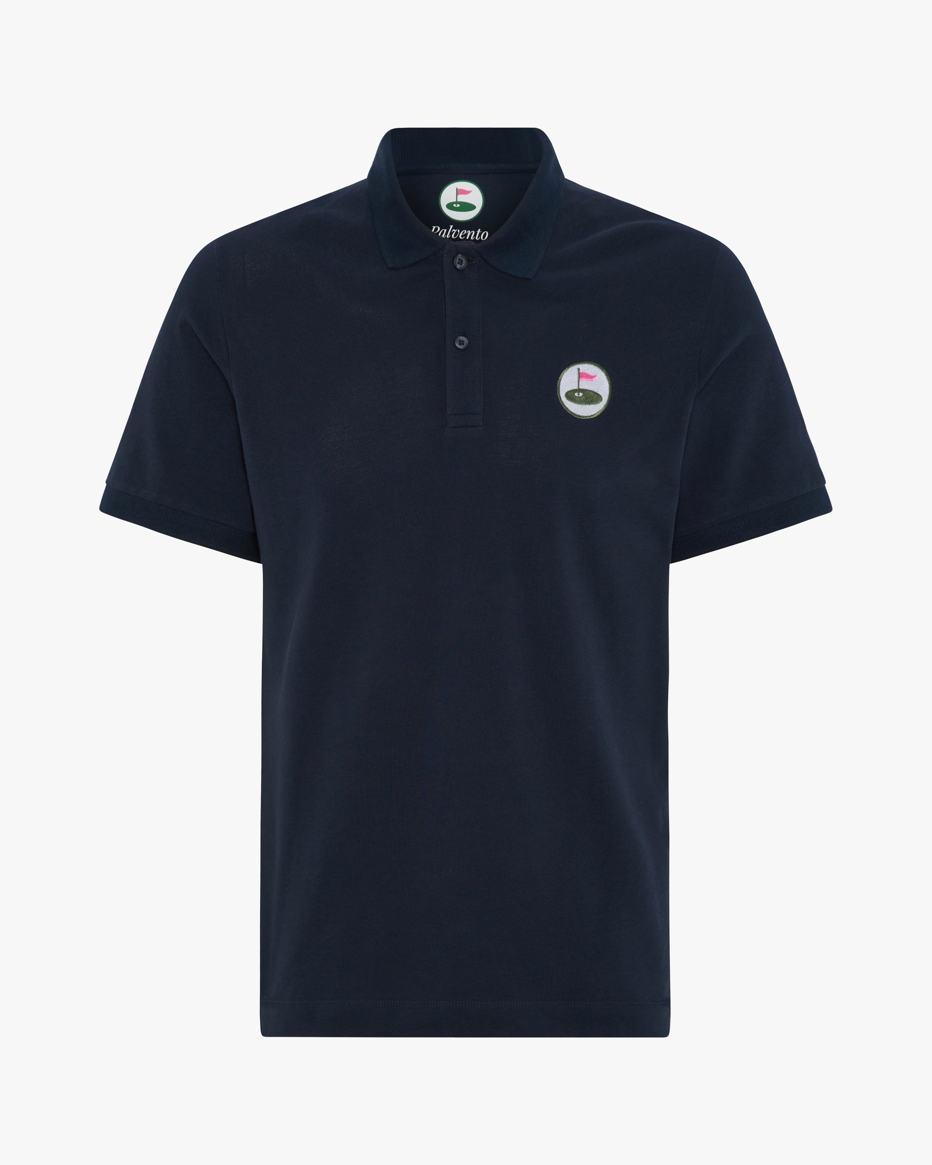 Navy blue polo shirt with Palvento Golf logo on a white background