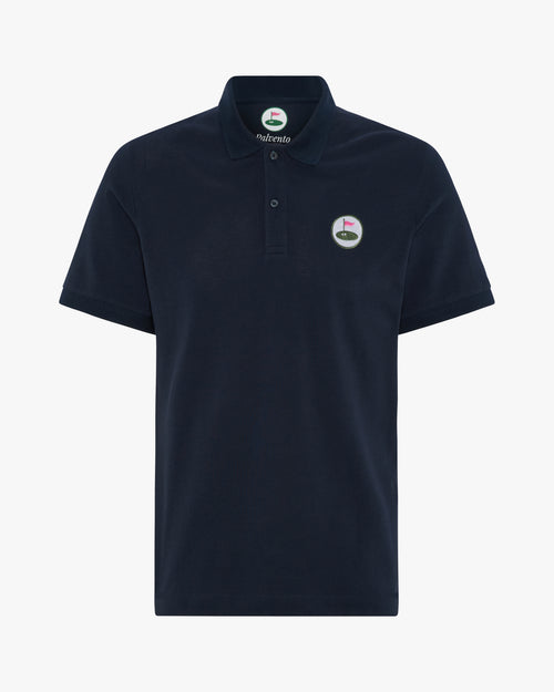 Navy blue polo shirt with Palvento Golf logo on a white background