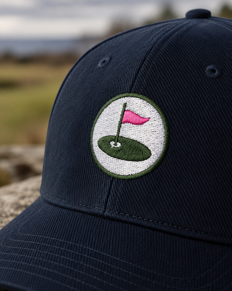 Close-up of Palvento Golf navy cap featuring the signature embroidered green and pink roundel logo, photographed against a softly blurred golf course background.