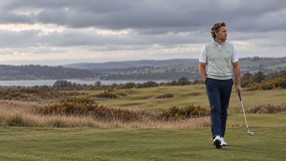 Male golfer wearing a Palvento Carrick Performance Vest in sage green over a white polo with navy trousers, walking on a British golf course beneath an overcast autumn sky.