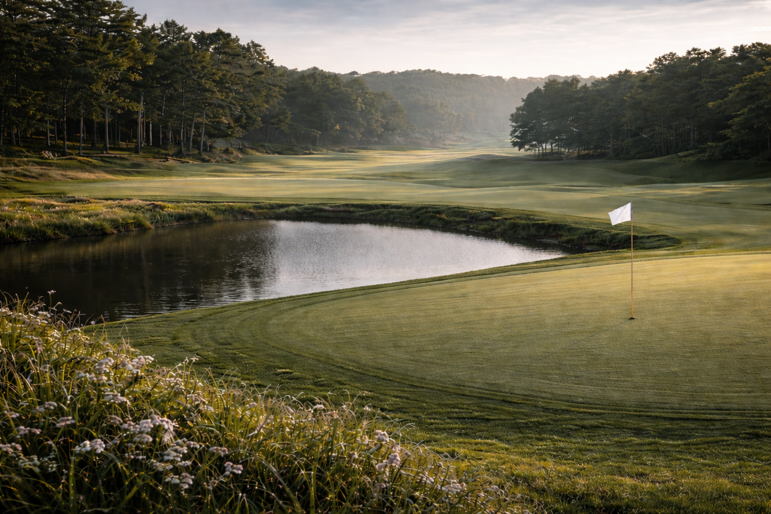 Golf course at dawn with green, pond and white flag