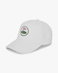 White cap with a golf course logo featuring a pink flag on a white background