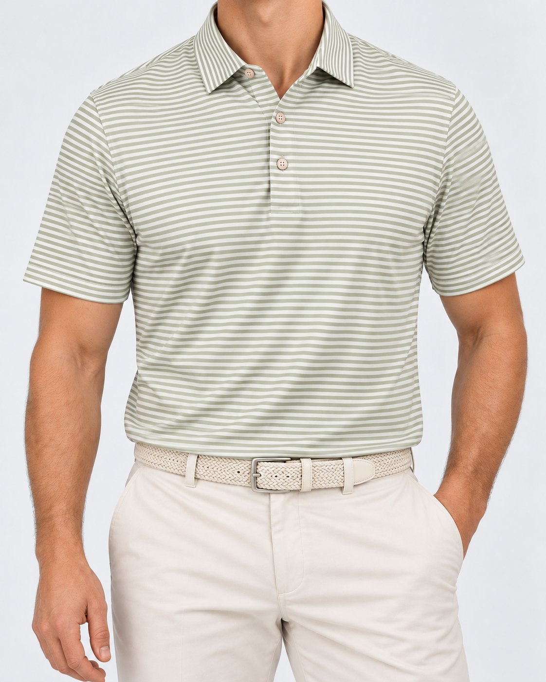 Front model view of the green striped Heathland polo with embroidered Palvento roundel, cream chinos and woven belt.