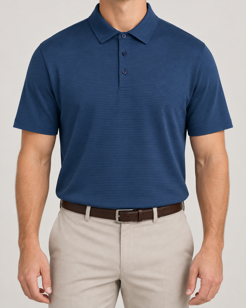 Palvento Sandringham navy golf polo shown on a model, with a three-button placket and subtle horizontal fabric texture.