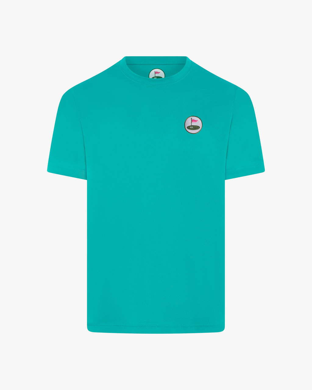 Teal t-shirt with a logo on a light gray background