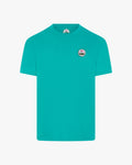Teal t-shirt with a logo on a light gray background