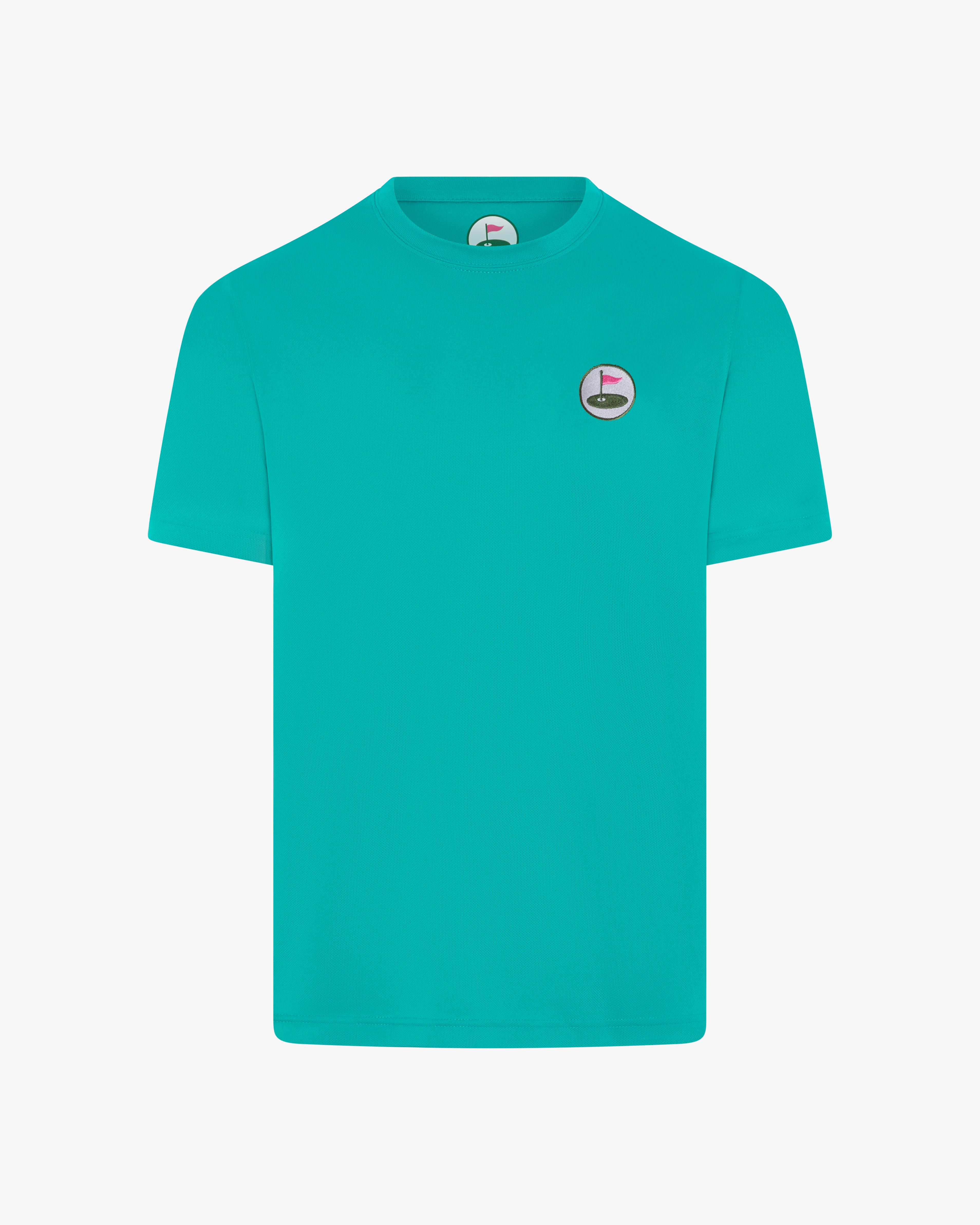 Teal t-shirt with a logo on a light gray background