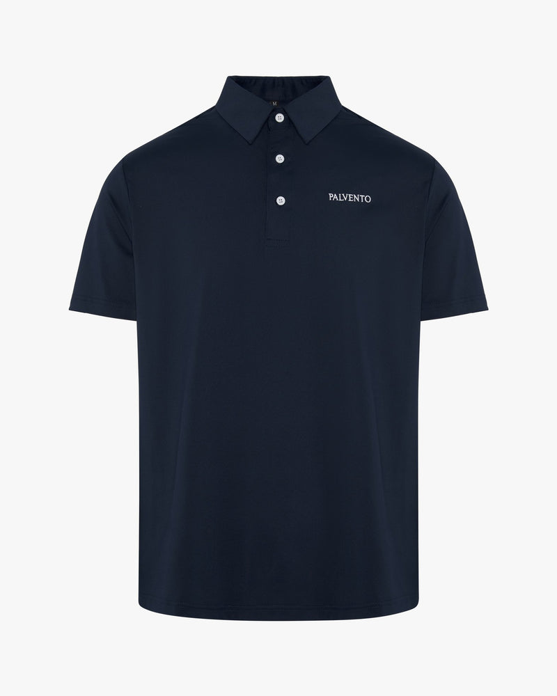 The Harrington navy performance golf polo by Palvento, front view