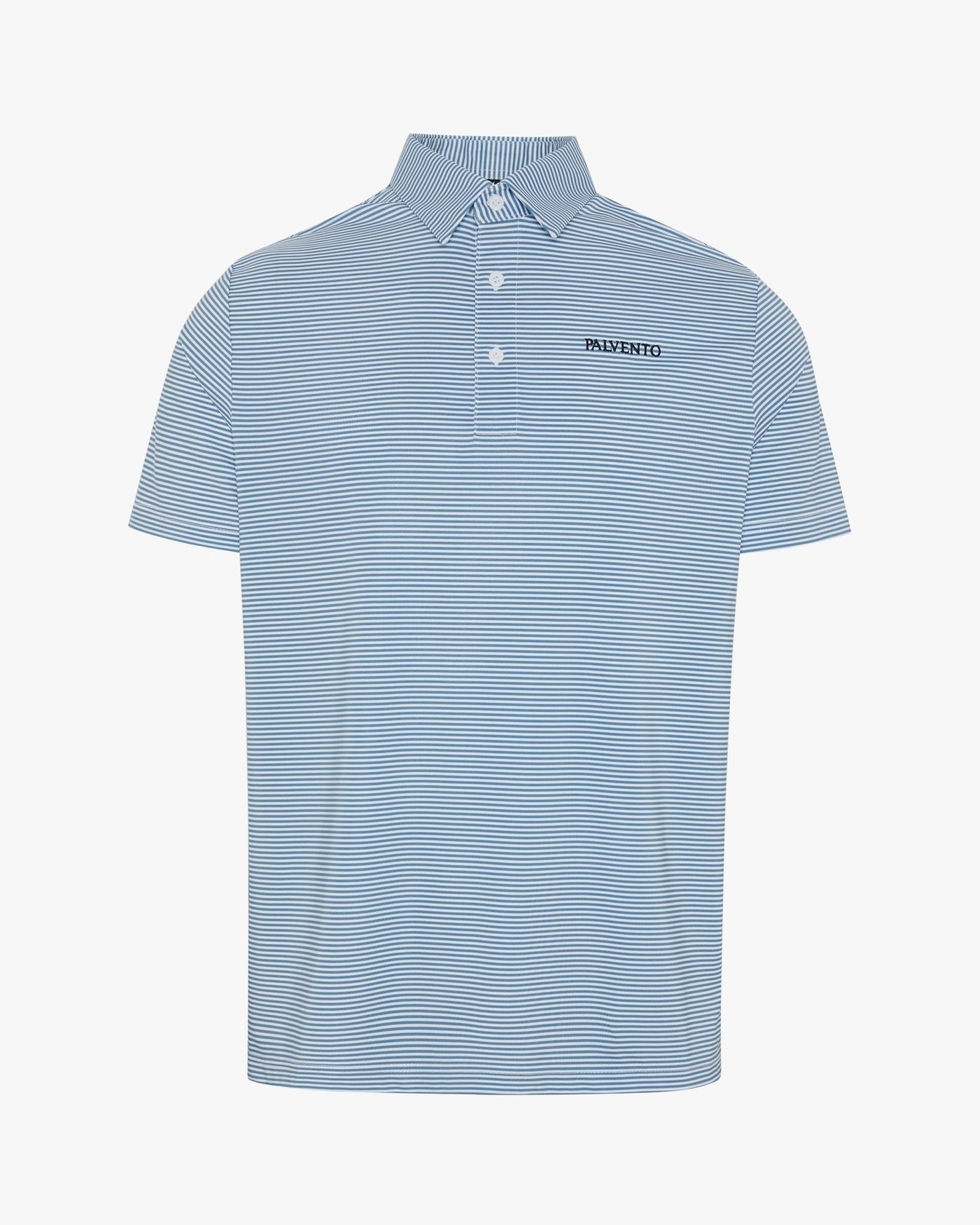 The Marlow blue and white striped performance golf polo by Palvento, front view