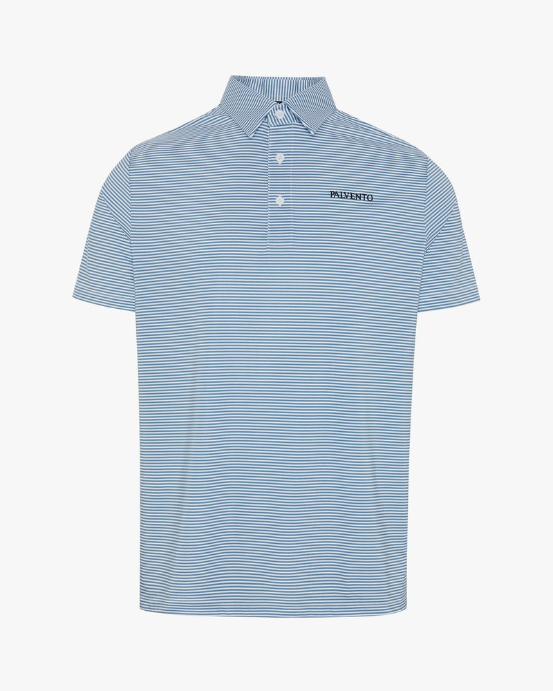 The Marlow blue and white striped performance golf polo by Palvento, front view