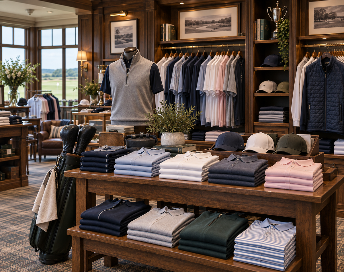Golf professional shop displaying premium golf clothing and apparel for club members and visitors.