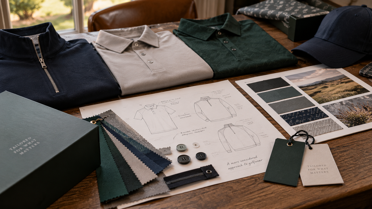 Close-up of premium golfwear fabrics, materials and design details used in the development of Palvento clothing.
