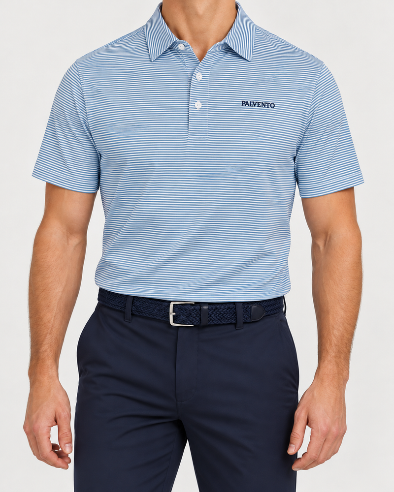 Palvento Marlow blue and white striped performance polo worn with navy golf trousers and a navy woven belt.